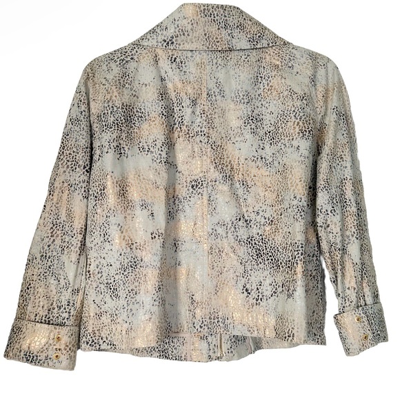 SC Collection Beige Gold Blue Linen Animal Print Jacket Metallic Zipper Size 14 - Picture 6 of 10